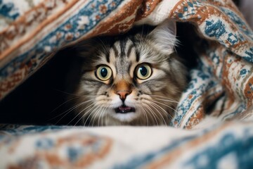 Full-length portrait photography of a curious neva masquerade cat meowing against a cozy blanket. With generative AI technology