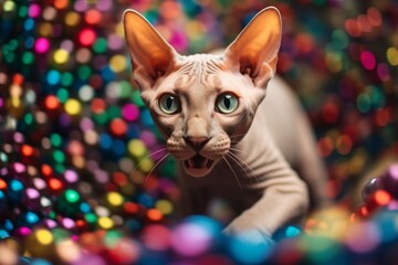 Environmental portrait photography of a curious sphynx cat pouncing against a festive holiday scene. With generative AI technology
