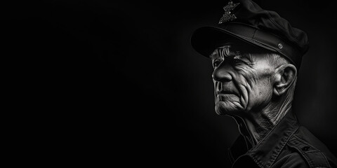 Fototapeta na wymiar Black and white photorealistic studio portrait of a military veteran on black background. Generative AI illustration