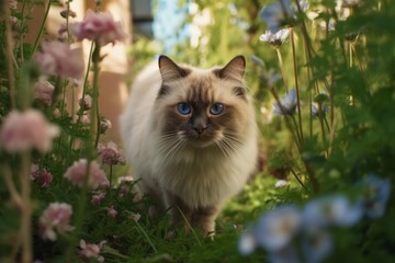 Naklejka na ściany i meble Conceptual portrait photography of a smiling ragdoll cat skulking against a lush flowerbed. With generative AI technology