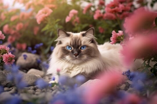Conceptual portrait photography of a smiling ragdoll cat skulking against a lush flowerbed. With generative AI technology