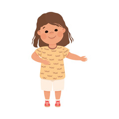 Smiling little girl in casual outfit giving presentation vector illustration