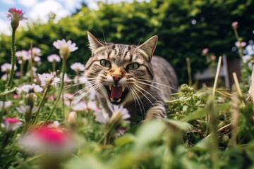 Naklejka na ściany i meble Medium shot portrait photography of a scared tabby cat scratching against a lush flowerbed. With generative AI technology