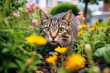 Naklejka na ściany i meble Medium shot portrait photography of a scared tabby cat scratching against a lush flowerbed. With generative AI technology