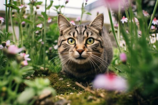 Medium shot portrait photography of a scared tabby cat scratching against a lush flowerbed. With generative AI technology