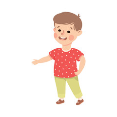 Cheerful preschool boy pointing with his hand or doing welcoming gesture vector illustration