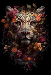 Tiger portrait with colorful flowers and leaves.  creative animal portrait. Generative Ai