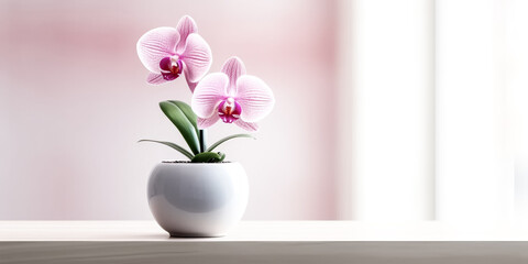An image of a pink orchid in a white flowerpot was generatively created - generative ai.