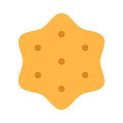 Flat cheese cracker isolated on white background. Salted crunchy meal sign or logo creative element design. Top view. Breakfast yellow cookie vector illustration.