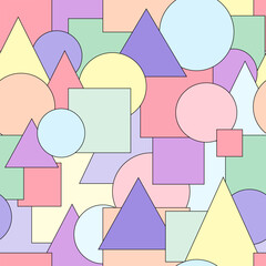 Seamless pattern of geometric shapes. Pattern of squares, triangles and circles contoured.