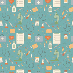 Color medical seamless pattern in retro style, clinic vector illustration. Hospital thin line icons - thermometer, check, tests, drugs, first aid kit, syringe, pills, microscope, stethoscope.