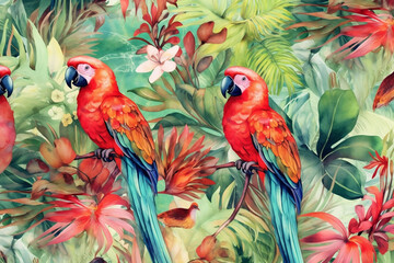 Watercolor pattern with flowers and tropical birds and plants hand illustrated ??????, generative ai