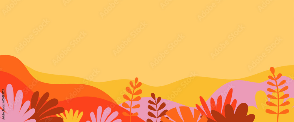 Aufkleber Vector horizontal abstract background with copy space for text, abstract cover header with plants and leaves, bright vibrant banner, poster, graphic design template, hippie and groovy summer poster