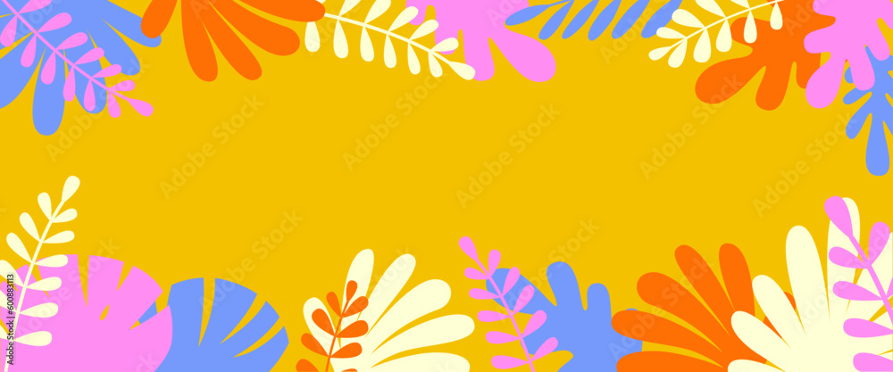 Poster Vector horizontal abstract background with copy space for text, abstract cover header with plants and leaves, bright vibrant banner, poster, graphic design template, hippie and groovy summer poster