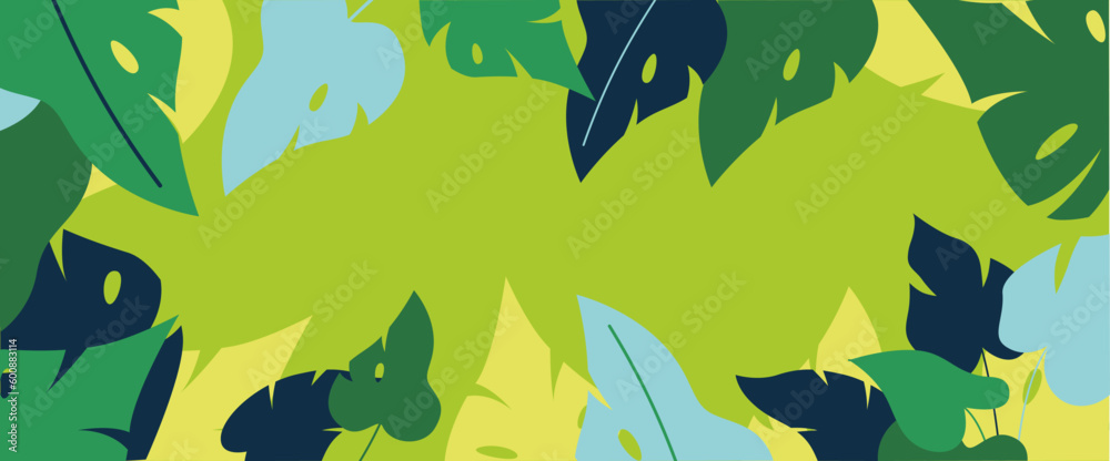 Poster Vector horizontal abstract background with copy space for text, abstract cover header with plants and leaves, bright vibrant banner, poster, graphic design template, hippie and groovy summer poster