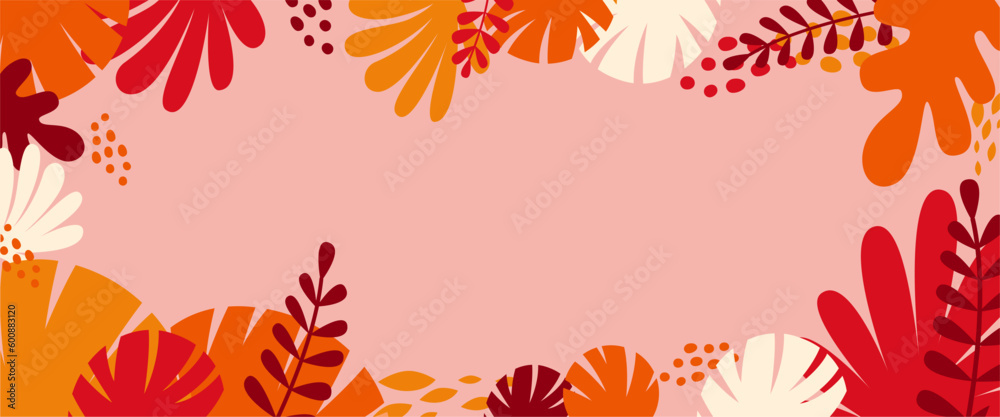 Leinwandbilder Vector horizontal abstract background with copy space for text, abstract cover header with plants and leaves, bright vibrant banner, poster, graphic design template, hippie and groovy summer poster
