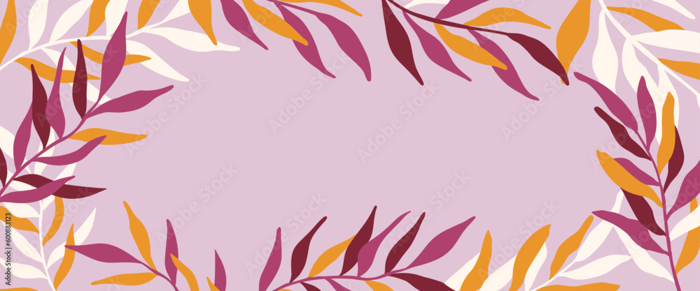 Poster Vector horizontal abstract background with copy space for text, abstract cover header with plants and leaves, bright vibrant banner, poster, graphic design template, hippie and groovy summer poster