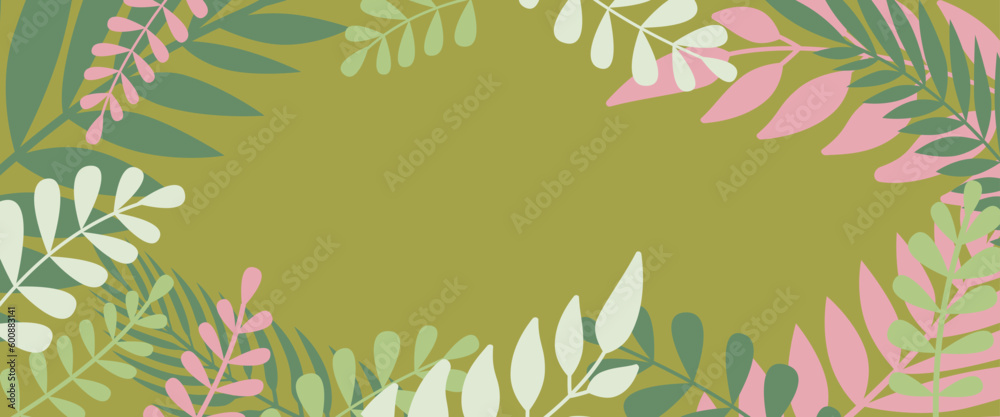 Aufkleber Vector horizontal abstract background with copy space for text, abstract cover header with plants and leaves, bright vibrant banner, poster, graphic design template, hippie and groovy summer poster