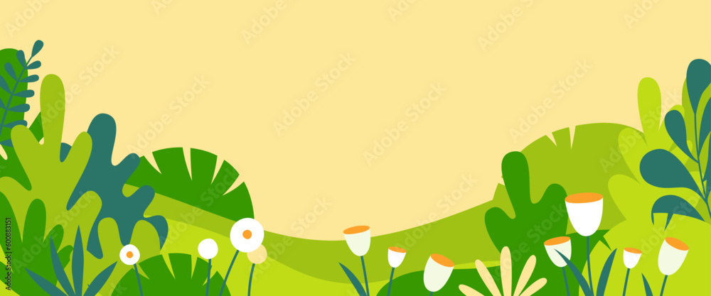 Poster Vector horizontal abstract background with copy space for text, abstract cover header with plants and leaves, bright vibrant banner, poster, graphic design template, hippie and groovy summer poster