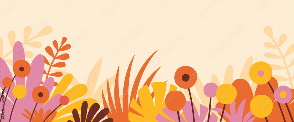 Poster Vector horizontal abstract background with copy space for text, abstract cover header with plants and leaves, bright vibrant banner, poster, graphic design template, hippie and groovy summer poster