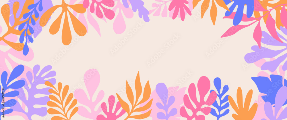 Aufkleber Vector horizontal abstract background with copy space for text, abstract cover header with plants and leaves, bright vibrant banner, poster, graphic design template, hippie and groovy summer poster