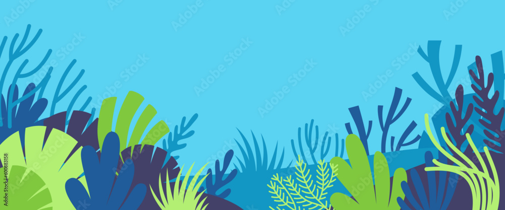 Poster Vector horizontal abstract background with copy space for text, abstract cover header with plants and leaves, bright vibrant banner, poster, graphic design template, hippie and groovy summer poster