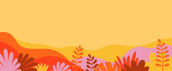 Vector horizontal abstract background with copy space for text, abstract cover header with plants and leaves, bright vibrant banner, poster, graphic design template, hippie and groovy summer poster