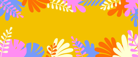 Fototapeta na wymiar Vector horizontal abstract background with copy space for text, abstract cover header with plants and leaves, bright vibrant banner, poster, graphic design template, hippie and groovy summer poster