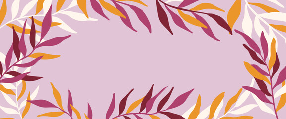 Vector horizontal abstract background with copy space for text, abstract cover header with plants and leaves, bright vibrant banner, poster, graphic design template, hippie and groovy summer poster