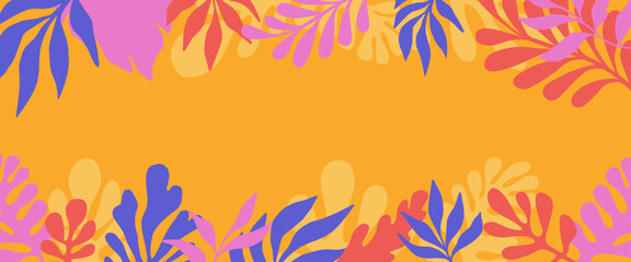 Vector horizontal abstract background with copy space for text, abstract cover header with plants and leaves, bright vibrant banner, poster, graphic design template, hippie and groovy summer poster