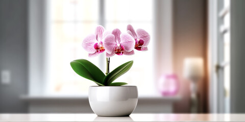 A pink orchid in a white flowerpot was photographed, pristine and full - generative ai.