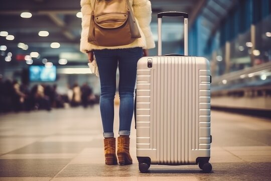 Unrecognizable woman with suitcase standing at the airport, Generative AI