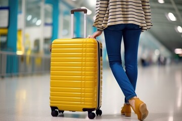 Unrecognizable woman with suitcase standing at the airport, Generative AI