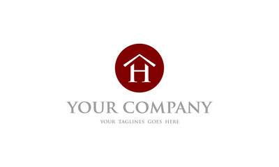 A red house logo with a house and a letter h in circle shape