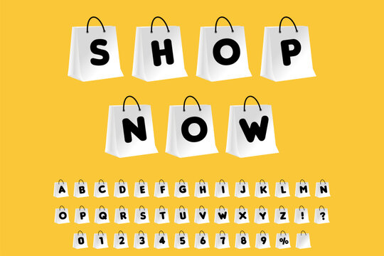 Shop now. Banner Shop now with alphabet and bag in white color for editing. Use gradient colors on the bags. font Insaniburger