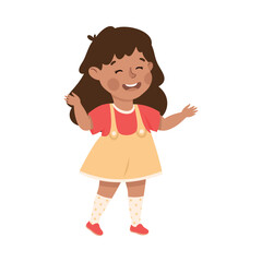 Happy brunette little girl in casual outfit gesturing with her both hands vector illustration