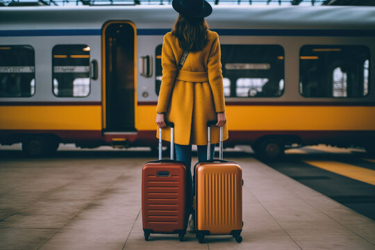 Unrecognizable woman with suitcase standing at the railway station, Generative AI