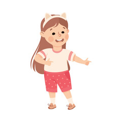 Happy adorable little girl pointing with her hand or doing welcoming gesture vector illustration