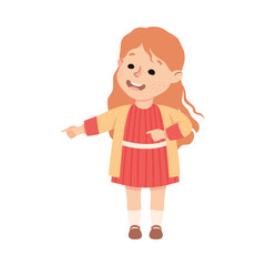 Happy adorable little girl in casual outfit doing welcoming gesture vector illustration