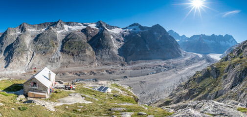panoramic view with Lauteraarh&uuml;tte and Unteraargletscher on a sunny summer day