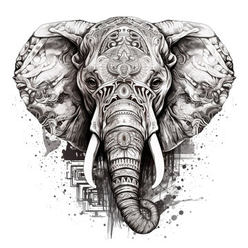 creative portrait of a elephant in tattoostyle with Indian patterns in the design included in the calculation in black and white