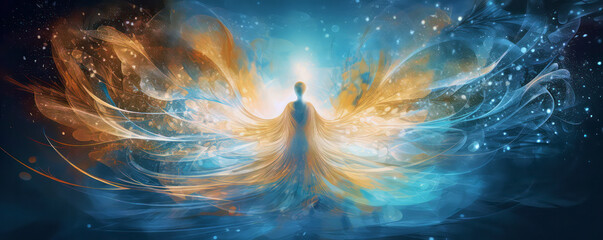 Regression, encounter, angels in the light, a safely guided inner journey, meditation healing energies, feelings and thoughts, fantasies and dreams, banner, Generative AI