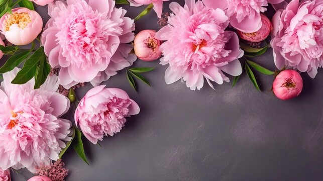 Bouquet of pink piony flowers on grey background. Valentine's Day, Easter, Birthday, Happy Women's Day, Mother's Day. Top view, copy space