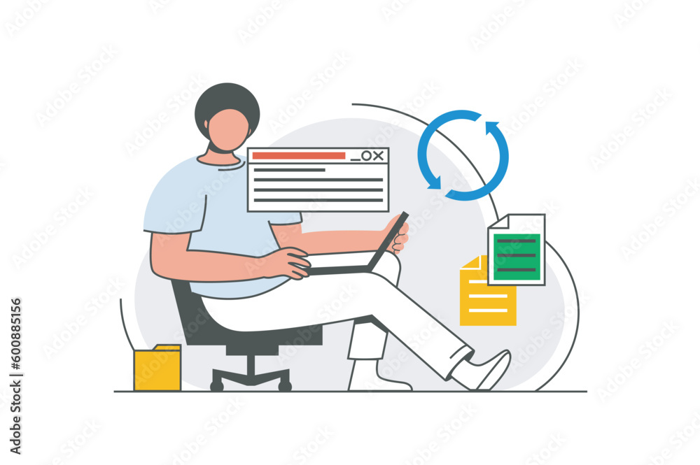 Fototapete cloud computing outline web concept with character scene. man sync documents online, works in databa
