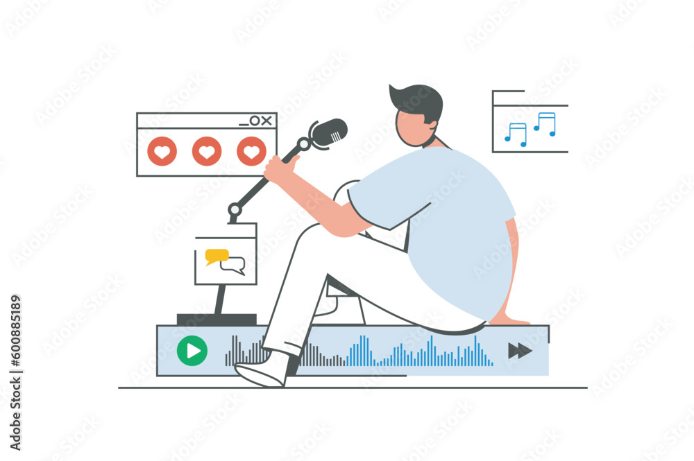 Poster podcast streaming outline web concept with character scene. man speaking in microphone, recording au