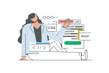 Programming working outline web concept with character scene. Woman creates code and testing algorithms. People situation in flat line design. Vector illustration for social media marketing material.