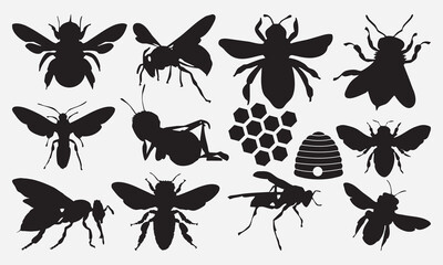 Bee black shape vector illustration set isolated on white background. Detailed decorative beekeeping logotype design elements. - obrazy, fototapety, plakaty