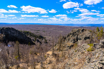 South Ural Mountains with a unique landscape, vegetation and diversity of nature in spring.