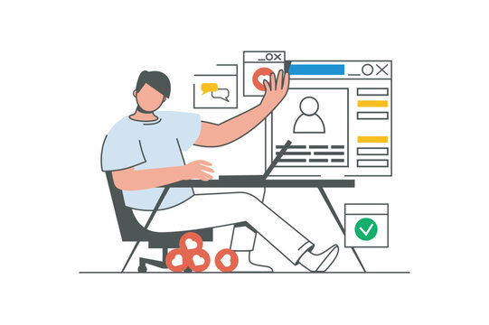 Social network outline web concept with character scene. Man browsing, likes photos in blog, comments. People situation in flat line design. Vector illustration for social media marketing material.