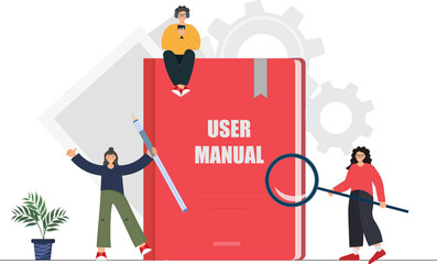  Happy tiny people standing near user manual book, guide instruction or textbooks with magnifying glass, specifications user guidance document, flat vector illustration